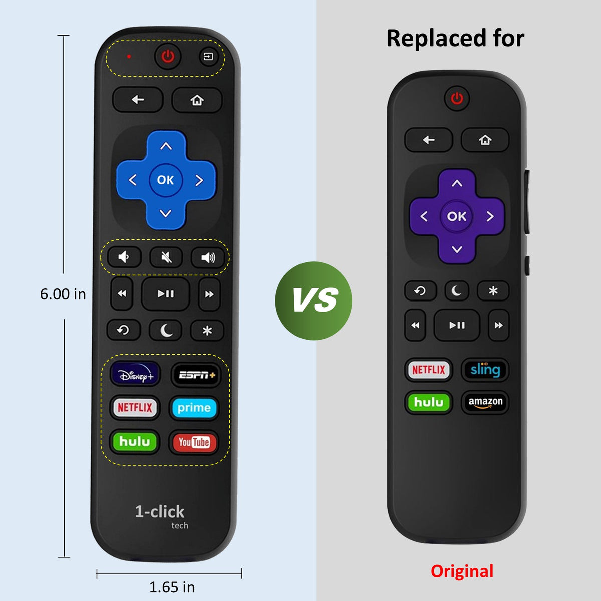 [M-Pack] 1-clicktech Remote for All Roku TV w/ 6 Keys - Disney+ ESPN N