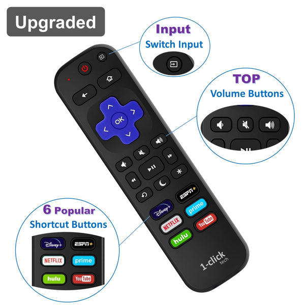 [M-Pack] 1-clicktech Remote for All Roku TV w/ 6 Keys - Disney+ ESPN Netflix Prime Hulu Youtube【Not for Roku Stick】