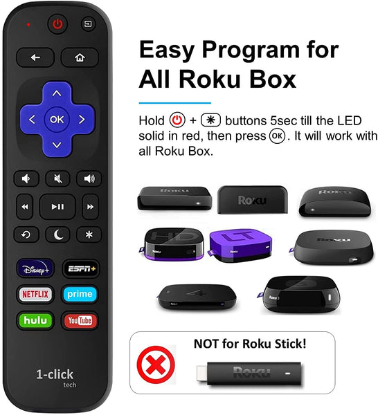 [M-Pack] 1-clicktech Remote for All Roku TV w/ 6 Keys - Disney+ ESPN Netflix Prime Hulu Youtube【Not for Roku Stick】