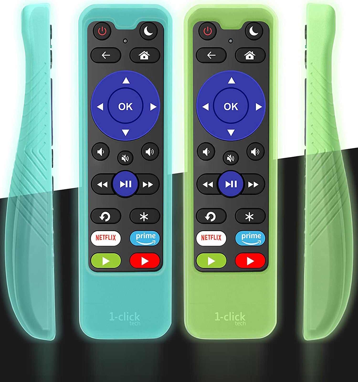 [2 Pack- Only Cases] Protective Silicone Case for 1-clicktech IKUTV Remote Control, Kids-Friendly Anti Slip Shock Proof Silicone Cover, Green and Blue-Glow in The Dark