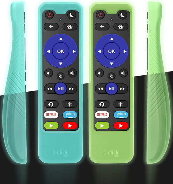 [2 Pack- Only Cases] Protective Silicone Case for 1-clicktech IKUTV Remote Control, Kids-Friendly Anti Slip Shock Proof Silicone Cover, Green and Blue-Glow in The Dark